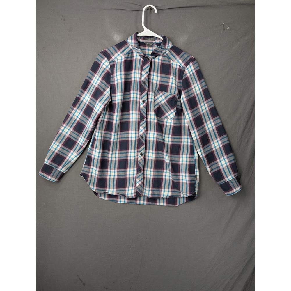Eddie Bauer Womens Classic Fit Plaid Flannel Button Down Shirt Blue Purple Sz M
